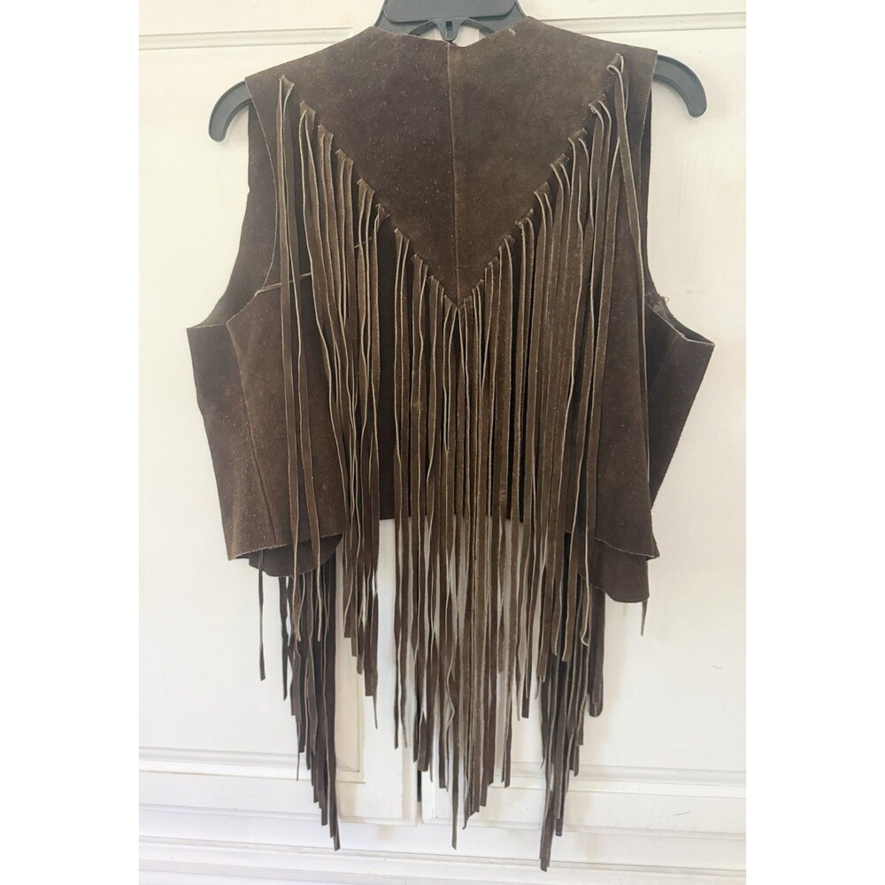 1960s 1970s Vintage Brown Suede Leather Fringe Vest Western Women's Mended Sz Lg - Picture 5 of 12